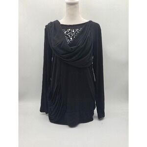 Panitti Women's Small Black Rhinestone Cowl Neck Long Sleeve Top 101-701